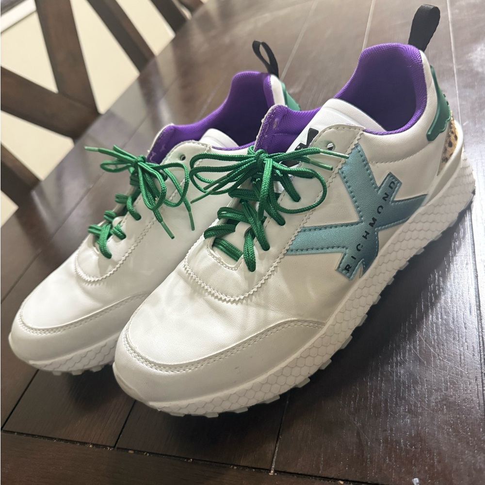 John Richmond White Sneakers with Teal Accent and Green Laces